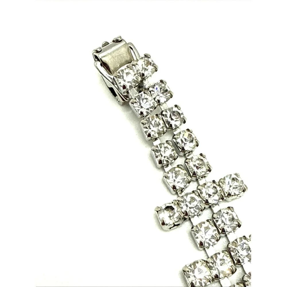 Vintage Clear Crystal Rhinestone Cocktail Bracelet Silver Tone Statement 7